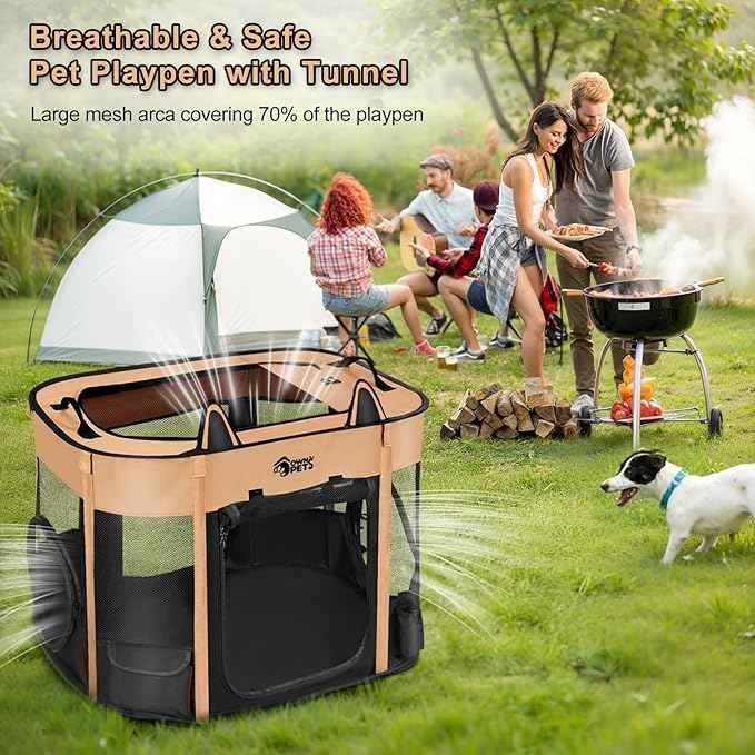 Ownpets Portable Cat Playpen with Removable Tunnel, Foldable Puppy Play Pen, Indoor Outdoor Cat Enclosure Pet Tent for Cats, Dogs and Small Pets