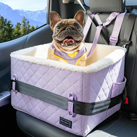 PETSFIT Dog Booster Car Seat, Soft Foam Cat Car Seat with Patented Safety Buckles, Storage Pockets and Detachable Clip-On Safety Leash, Dog Car Seats for Small Dogs Under 30 LBS (Purple) - Pet Explorer