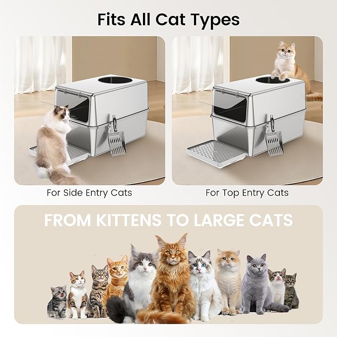 Stainless Steel Litter Box with Metal Lid and Scoop - Enclosed Metal Litter Box for Large Cats, Rust-Resistant, Odor-Control, Easy to Clean, Dog-Proof with Round Edge (Front Entry)