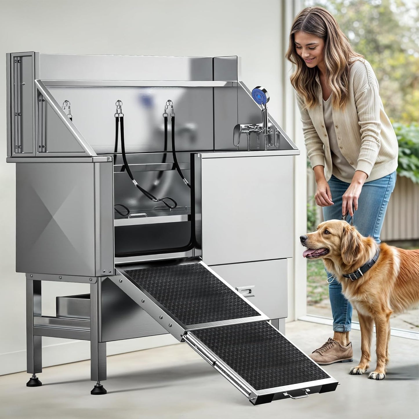 DWVO Professional Dog Bathing Station Stainless Steel 304 Pet Bathtub, 50in Dog Grooming Tub w/Right Door Ramp, 2 Storage Drawers, Grate, Pet Washing Station for Large, Medium, Small Pets - Pet Explorer