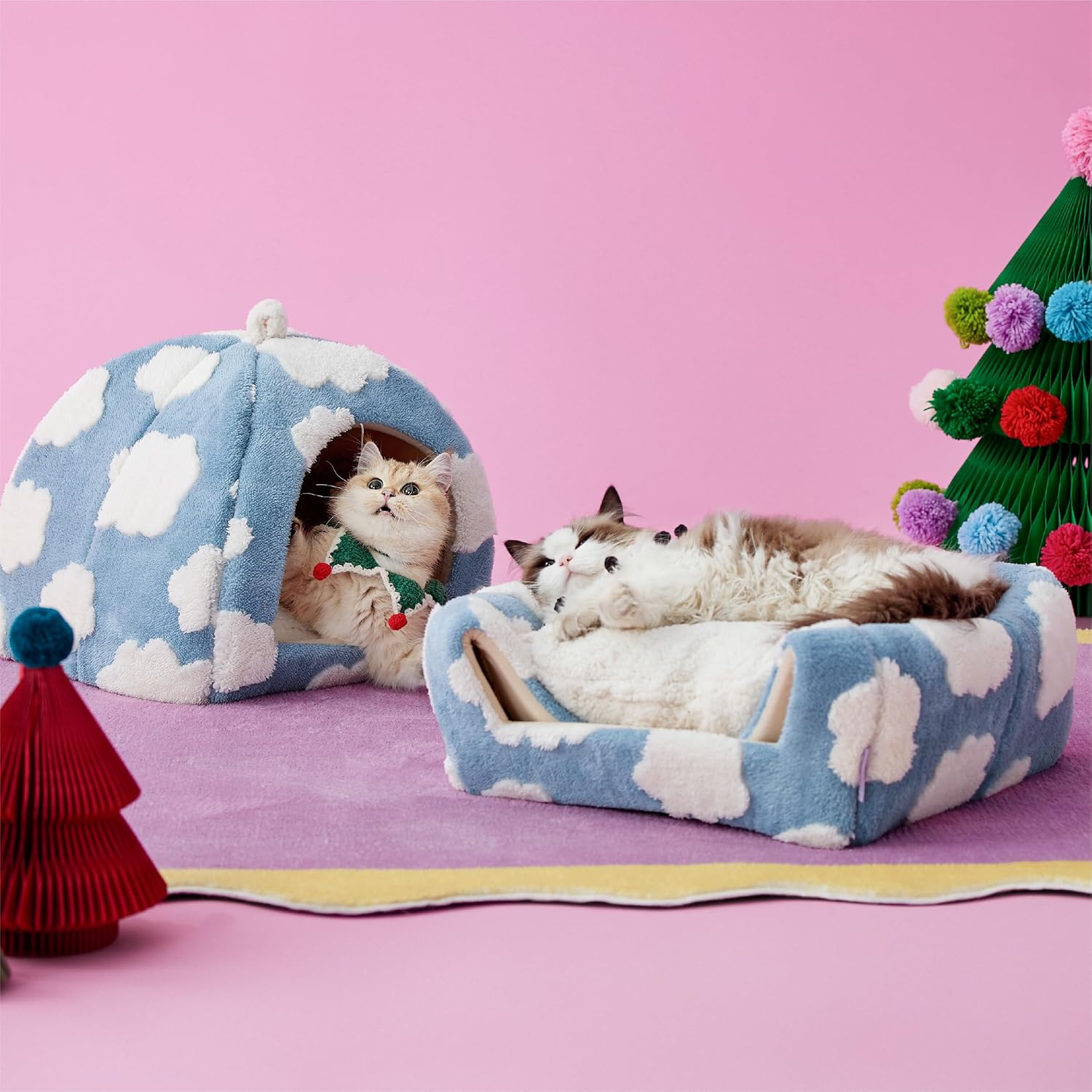 Lesure Cute Cat Beds for Indoor Cats - 2 in 1 Large Cat Cave Bed for Puppy and Small Dog with Removable Washable Cushioned Pillow, Cozy Kitten Tent with Non-Slip Bottom, Blue, 17.3 inches - Pet Explorer