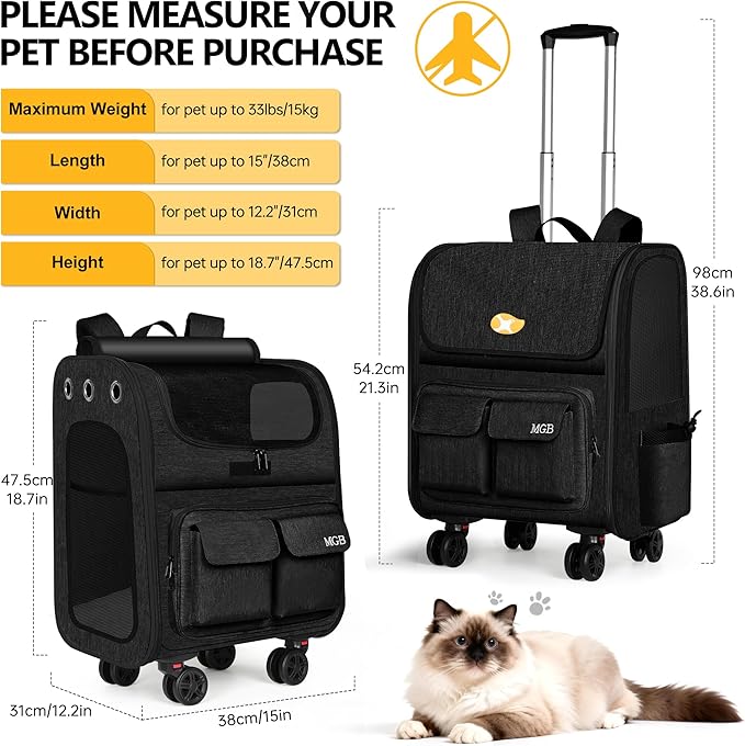 MGB Rolling Cat Carrier with Wheels: Dog Carrier for Small Dogs & Large Cats, Large Cat Carrier with YKK Zipper, Large Capacity, Breathable Mesh, Side Pocket, Black (Not for Airline)