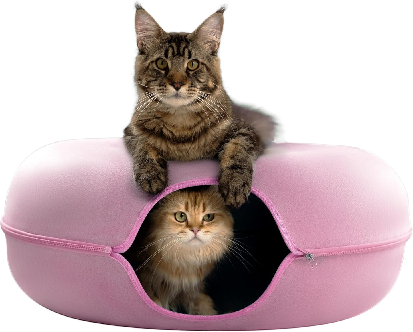 Cattasaurus Peekaboo Cat Cave for Multiple & Large Cats Up to 30-45 Lbs, Scratch Detachable & Washable Tunnel Bed, Comfy Donut Cat Cave (Pink, Jumbo) - Pet Explorer