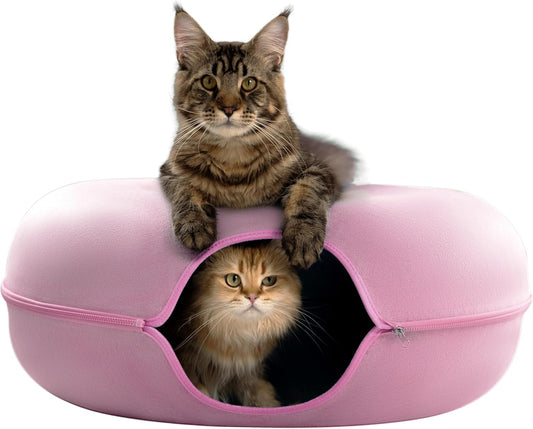 Cattasaurus Peekaboo Cat Cave for Multiple & Large Cats Up to 30-45 Lbs, Scratch Detachable & Washable Tunnel Bed, Comfy Donut Cat Cave (Pink, Jumbo) - Pet Explorer
