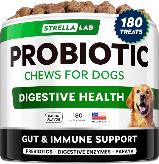 StrellaLab Dog Probiotics Treats for Picky Eaters (180ct) - Digestive Enzymes + Prebiotics - Chewable Fiber Supplement - Allergy, Diarrhea, Gas, Constipation, Upset Stomach Relief - Improve Digestion - Pet Explorer