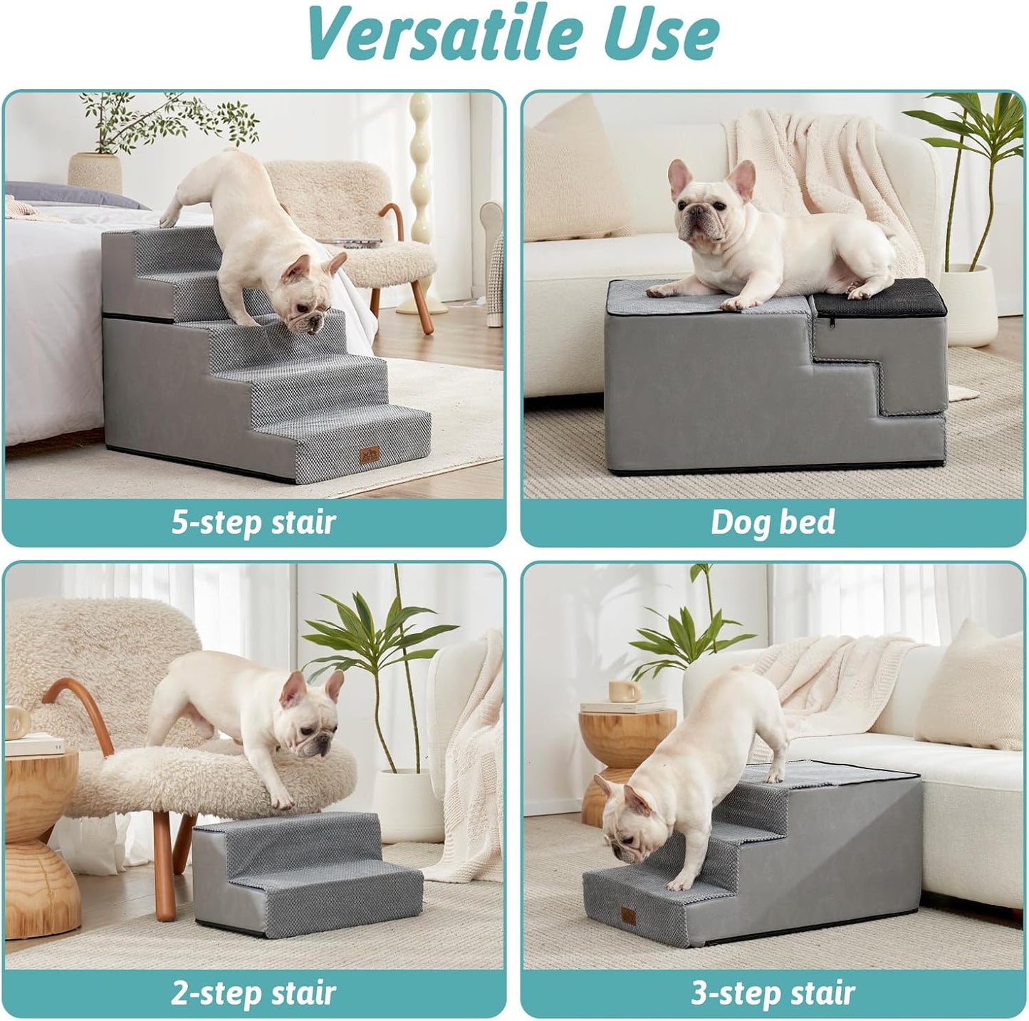 Dog Stairs for Small Dogs, 5 Tier Removable Wider Pet Stairs for Couch and Bed, 23.6" H Non-Slip Dog Steps for Puppies and Old Cats with Support Board, 29.5x19.7x23.6 inch, Grey - Pet Explorer