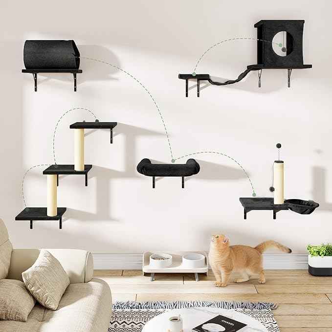 NUNU LAB Wall Mounted Cat Wall Shelves, 14-in-1 Cat Wall Climber with Bridge, Tunnel, House, Scratcher, Steps, Indoor Space-Saving Furniture for Kittens Play, Black
