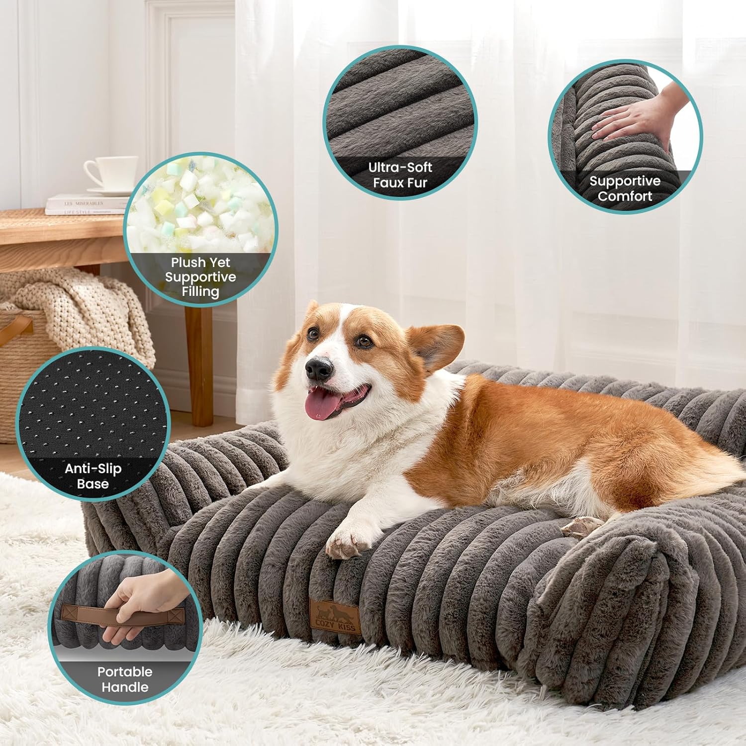Cute Cat Couch, Premium Plush Faux Fur Pet Couch Bed, Ultra-Soft Pet Furniture for Cats & Small Dogs (Grey, S: 25.5''x17.5'') - Pet Explorer