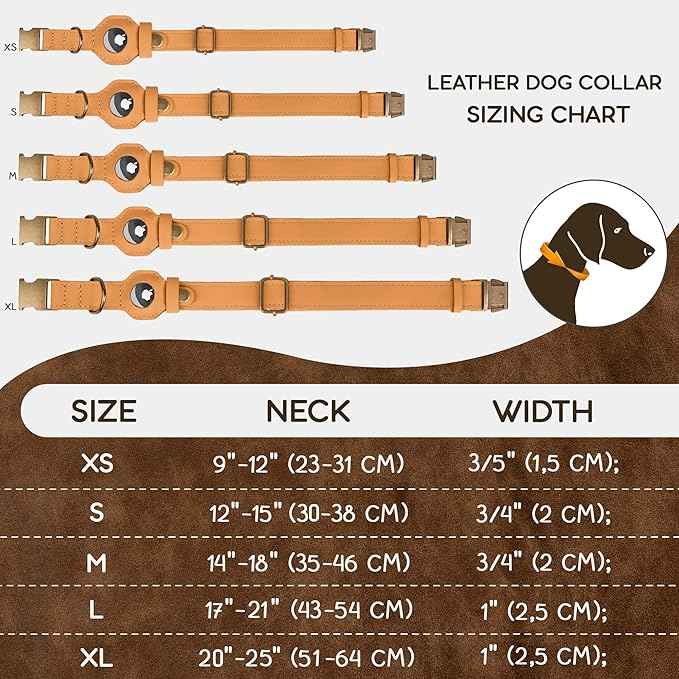 AirTag Dog Collar - Genuine Leather Dog Collar with Apple AirTag Holder and Metal Buckle - Smart GPS Tracking Pet Collars (Light Brown, XL, 20"-25" Neck Fit)