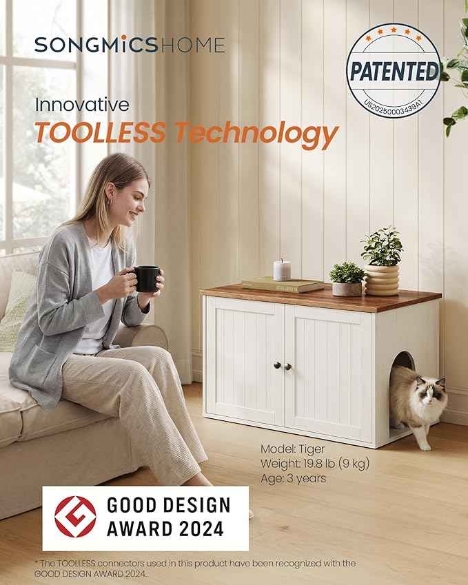 SONGMICS HOME Litter Box Enclosure, Superfast Toolless Assembly, Cat Litter Box Furniture, Push-to-Open Doors, Indoor Cat House, Rustic White and Honey Brown UPCL233WJ04S
