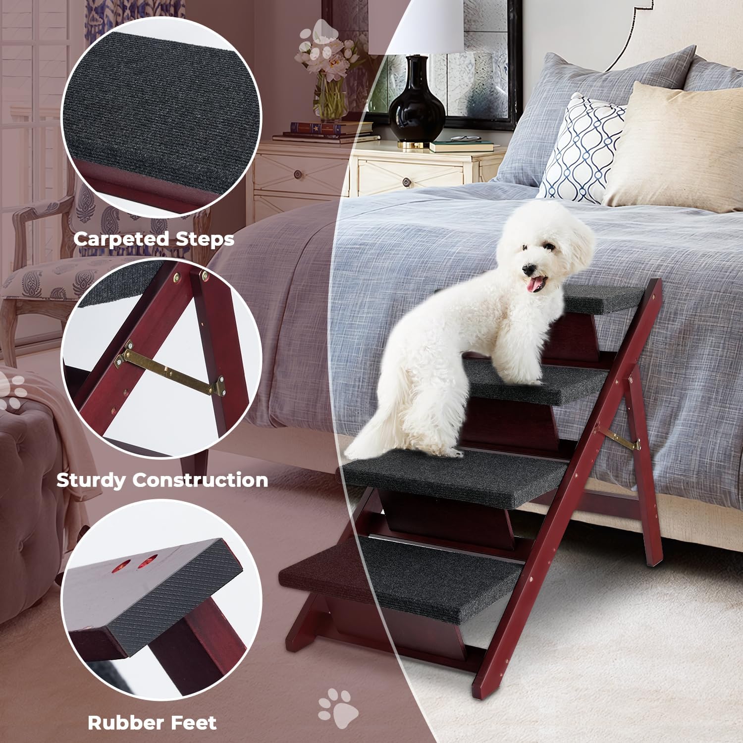 BRIKY Wooden Dog Stairs/Steps - Foldable 4 Steps Dog Steps for High Bed Couch Cars, Non-Slip Pet Stairs for Small Large Medium Dogs and Cats, No Assembly Required - Pet Explorer