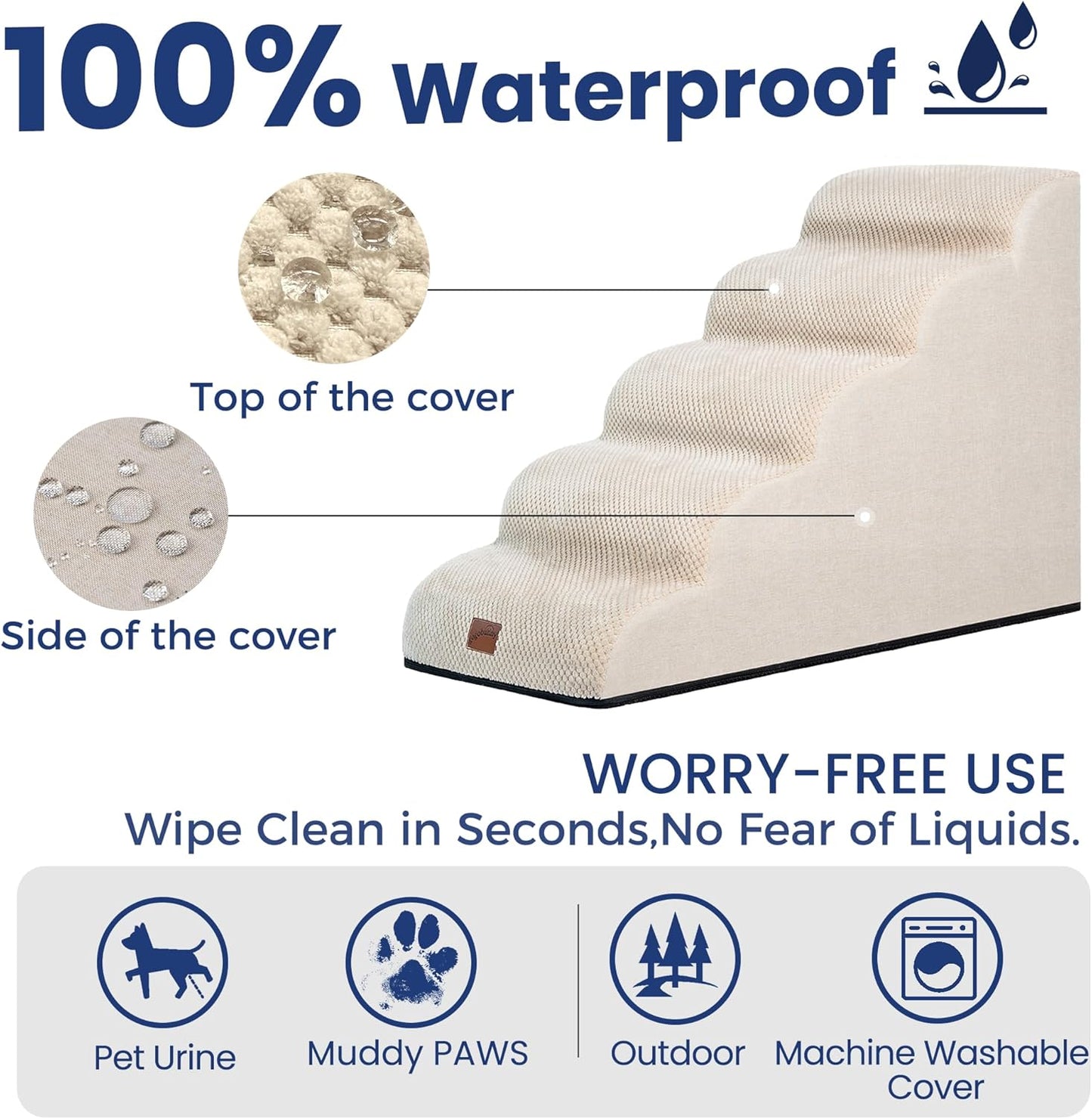 GoGoBunny Ramp Dog Stairs for High Beds 22.6" H, 5-Step Dog Slope Stairs with Durable Waterproof Fabric Cover, Pet Steps for Old Large Dogs Climbing, Non-Slip Sturdy Indoor Step, Beige - Pet Explorer