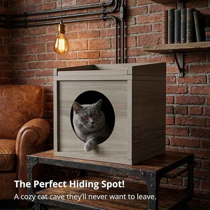 Meowdium Cat House – Cat Condo with Cardboard Scratcher, Scratching Post, Bed & Toy Storage, Cozy Cat Furniture & Accessories for Indoor Cats, Greywood