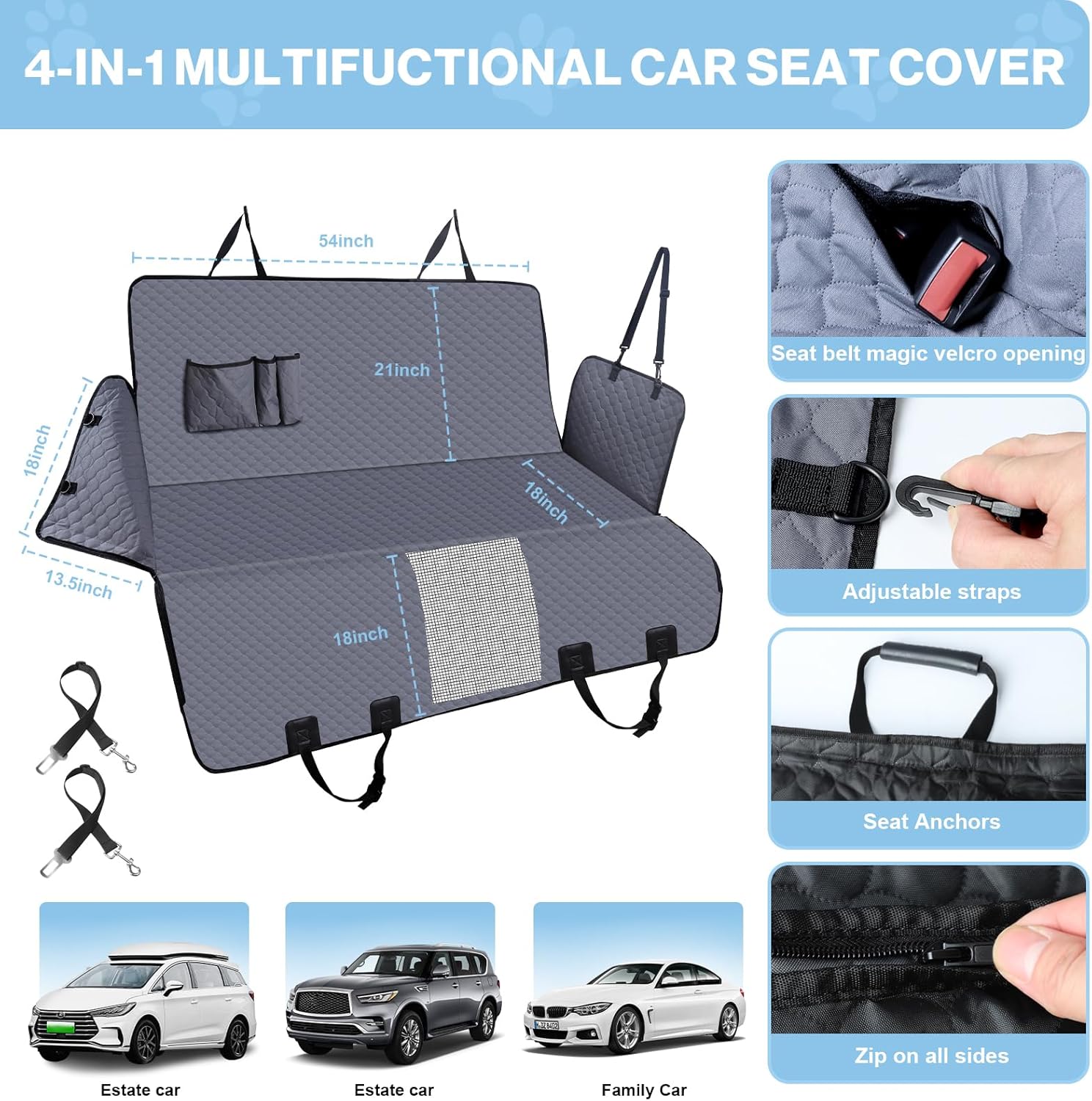 Dog Car Seat Cover for Back Seat, Waterproof Protector with Side Flaps, Scratchproof Hammock, Non-Slip Bottom for Cars/Trucks/SUVs (Grey02) - Pet Explorer