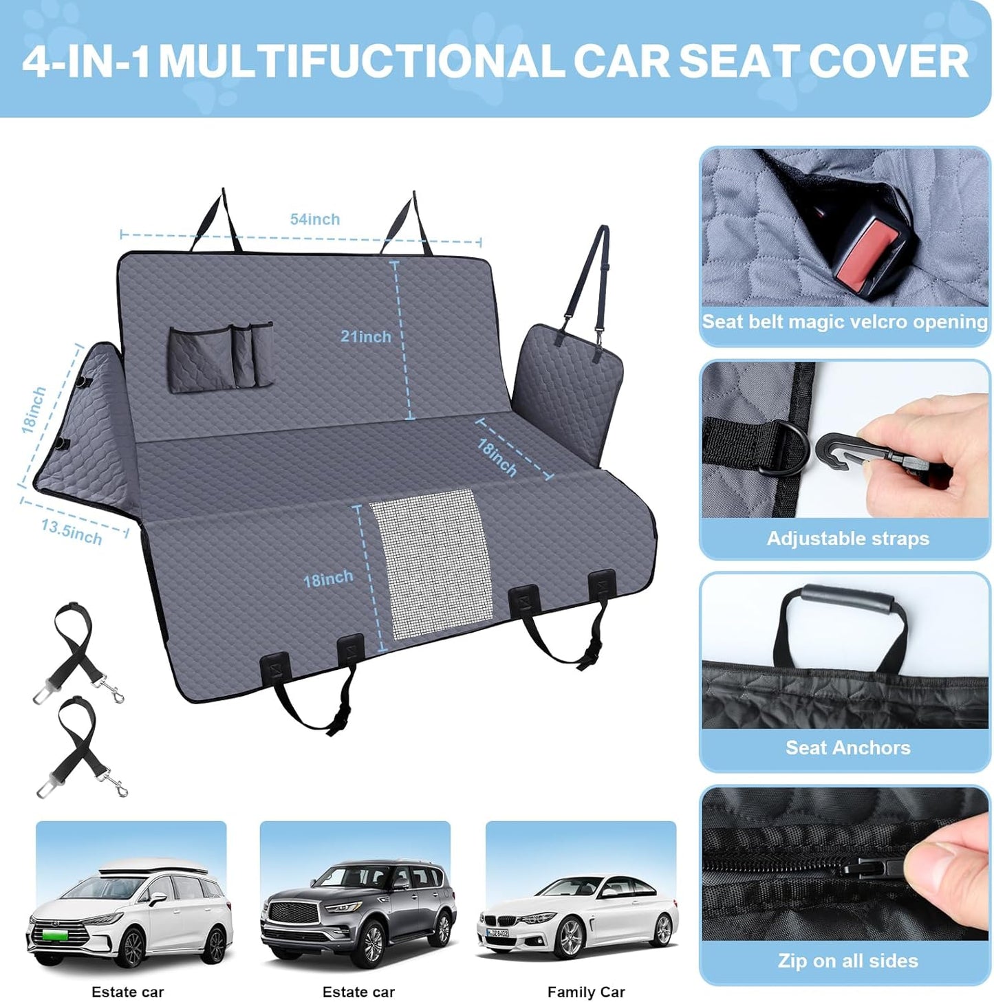 Dog Car Seat Cover for Back Seat, Waterproof Protector with Side Flaps, Scratchproof Hammock, Non-Slip Bottom for Cars/Trucks/SUVs (Grey) - Pet Explorer