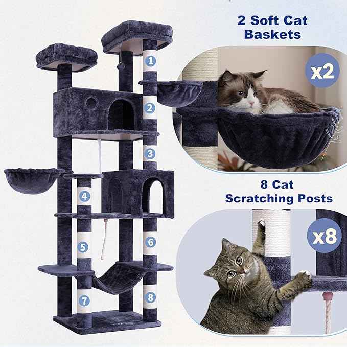 Tall Cat Tree, Large Cat Tower for Adult Cats, 80.7'' (205cm) Heavy-Duty Cat Tree House for Indoor Cats 20 lbs+ with Scratching Posts, 2 Top Perches/Condos, Hammcok, Smoky Gray GCT034G