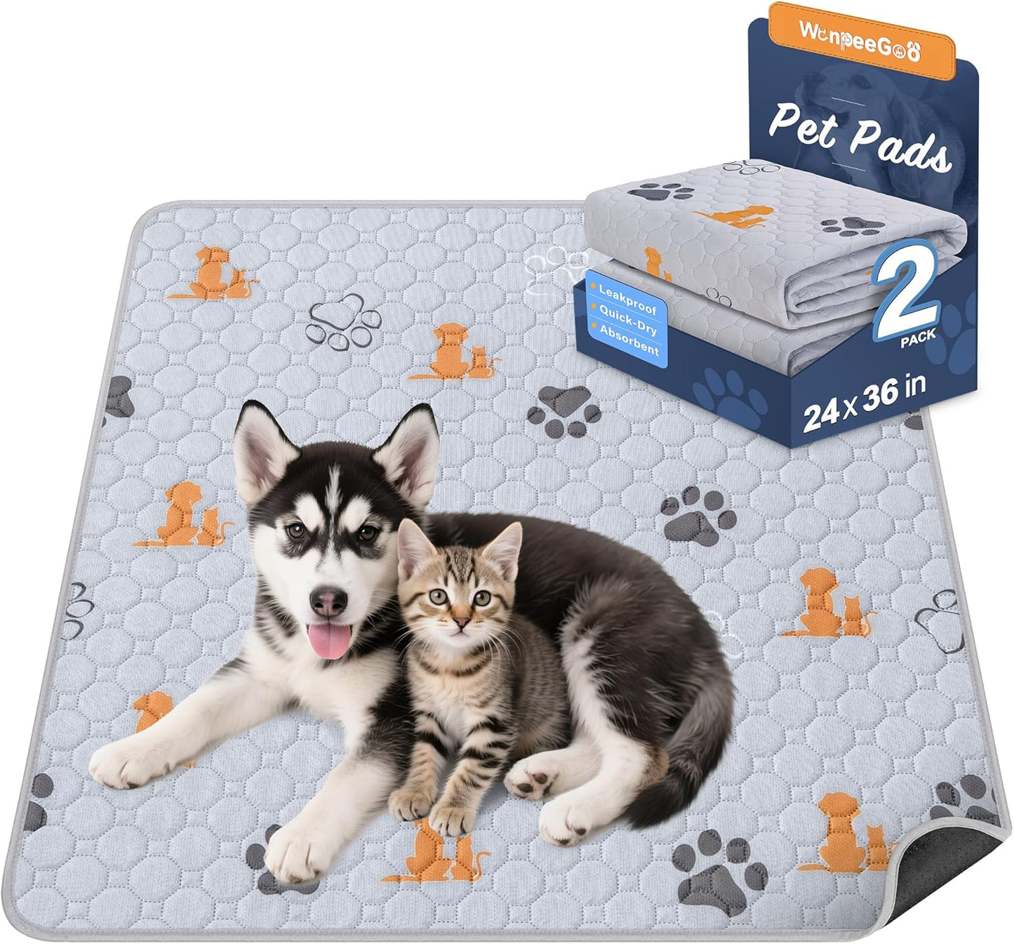 Washable Pee Pads for Dogs, 2 Pack Absorbent Reusable Training Dog Pads Pet Puppy Pads, Non-Slip Potty Pads for Whelping, Playpen, Crate, Bed, Orange, 24"x36" - Pet Explorer