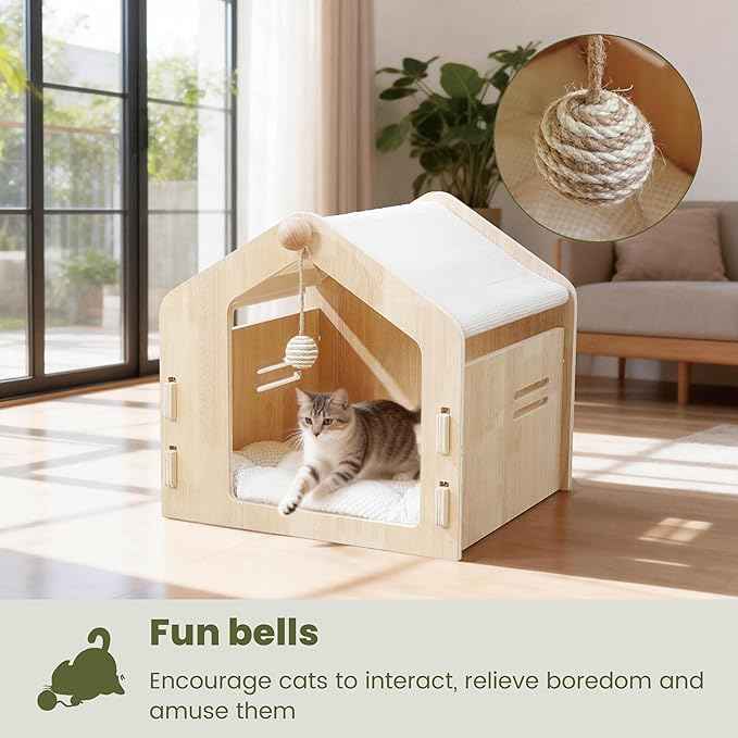 Spacious cat House，Enclosed cat Bed with a Padded Cotton pad and cat Ball，Easy to Assemble and Clean