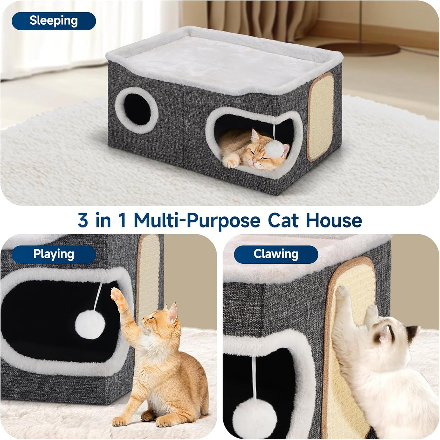 Cat Beds for Indoor Cats, Extra Wide Cat Cube House for Multi Cats, Foldable Cat Cave Hideaway with Arc-Edge Design & Oval Door, Double-Side Soft Cushion for All Seasons, 24"L x 17.7"D x 12.6"H, Grey - Pet Explorer