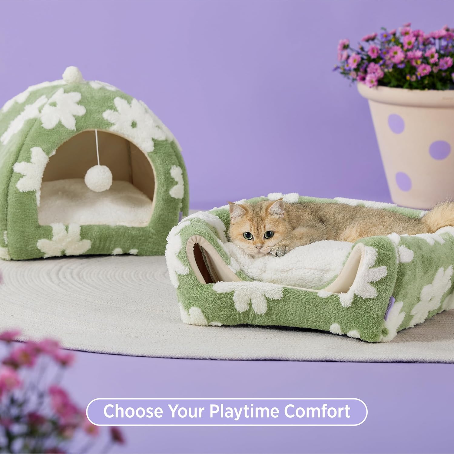 Lesure Cute Cat Beds for Indoor Cats - 2 in 1 Large Cat Cave Bed with Removable Washable Cushioned Pillow, Cozy Kitten Tent with Non-Slip Bottom, Green, 17.3 inches - Pet Explorer