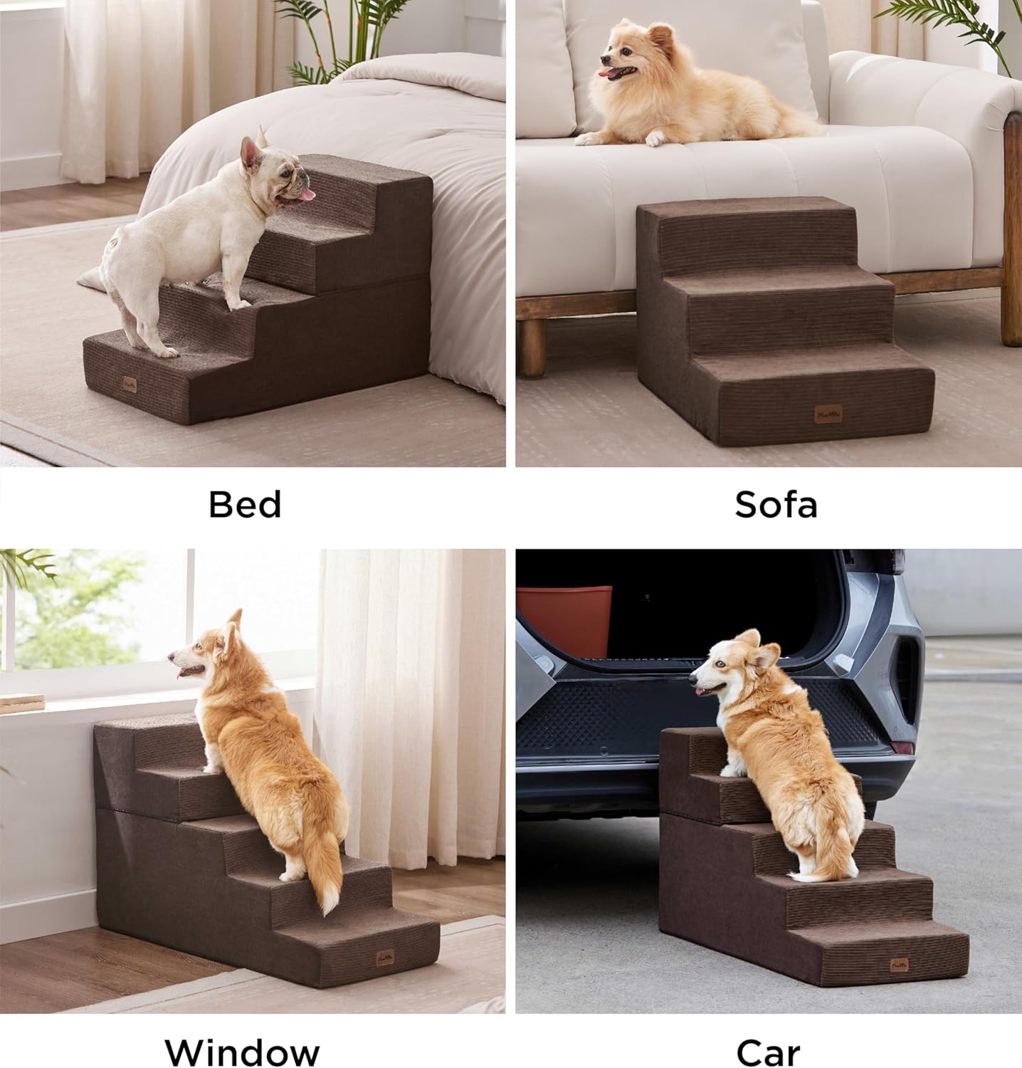 Made4Pets Dog Stairs for Small Dogs, Extra Wide Dog Steps for Bed Couch Sofa and Chair, 35D Foam Pet Steps for Small Dogs and Cats, Non-Slip Bottom Pet Stairs, Brown, 3 Steps - Pet Explorer