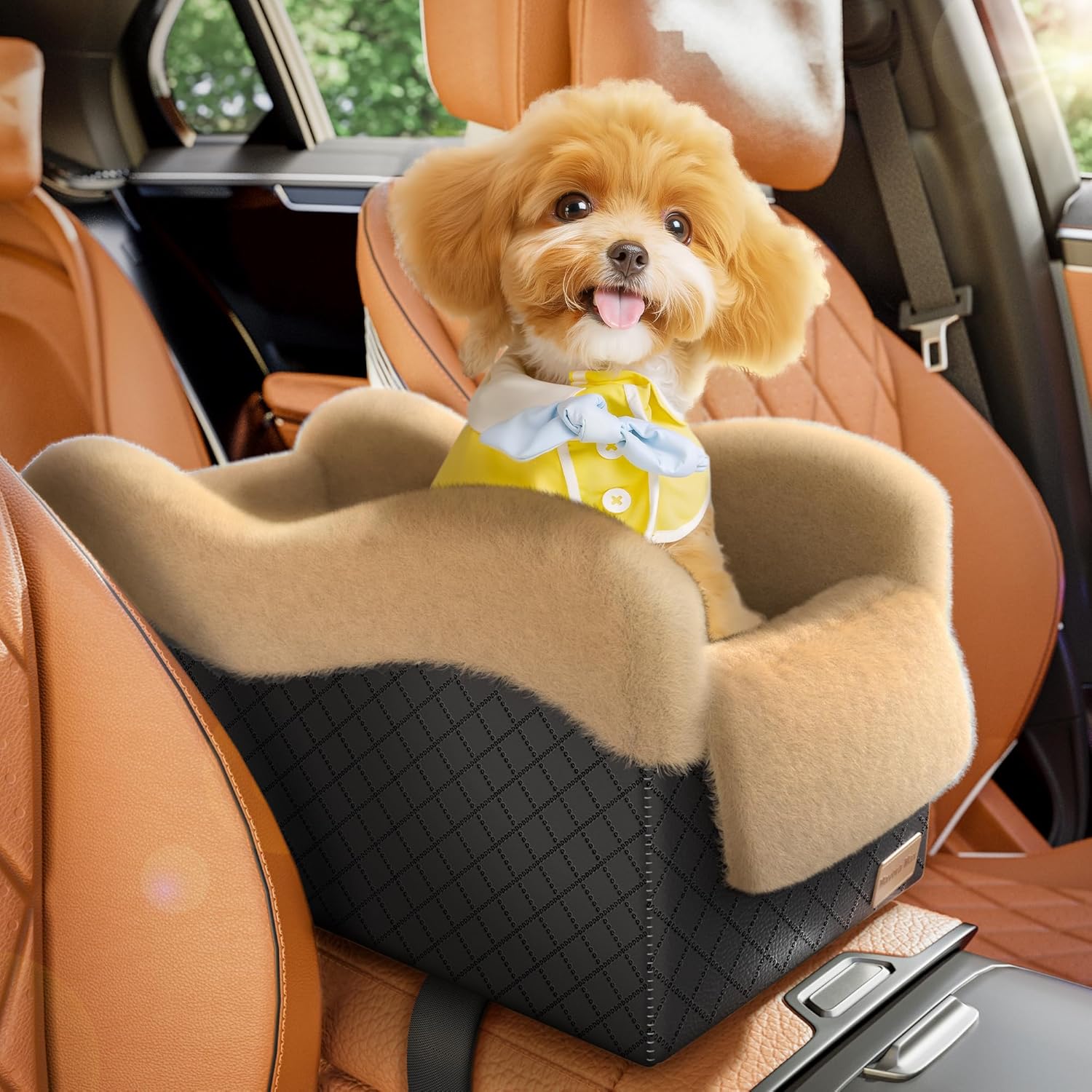 Portable Small Dog Seat for Car,Luxury Center Console Dog Car Seat Booster with Safety Tethers,Auti-Collapse Pet Travel Carrier for SUV,Truck.(Black/Brown) - Pet Explorer