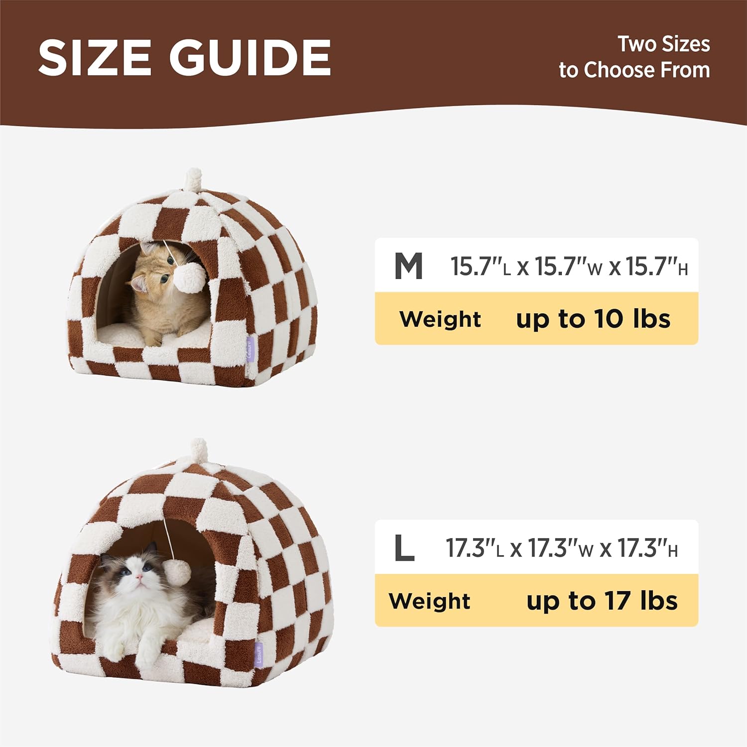 Lesure Cute Cat Beds for Indoor Cats - 2 in 1 Cat Cave Bed for Kittens and Small Pets, House with Removable Washable Cushioned Pillow, Cozy Tent House with Non-Slip Bottom, Brown, 16 inches - Pet Explorer