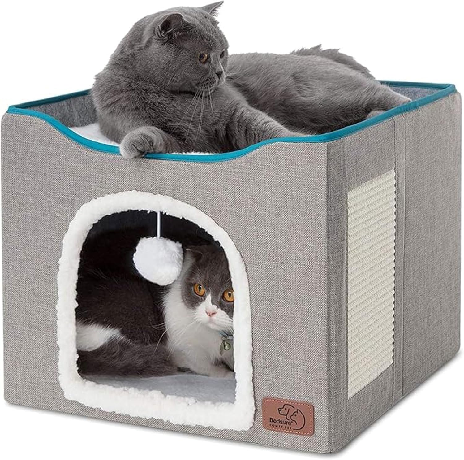 Bedsure Cat Beds for Indoor Cats - Large Cat Cave for Pet Cat House with Fluffy Ball Hanging and Scratch Pad, Foldable Cat Hideaway, 16.5x16.5x13 inches, Grey - Pet Explorer