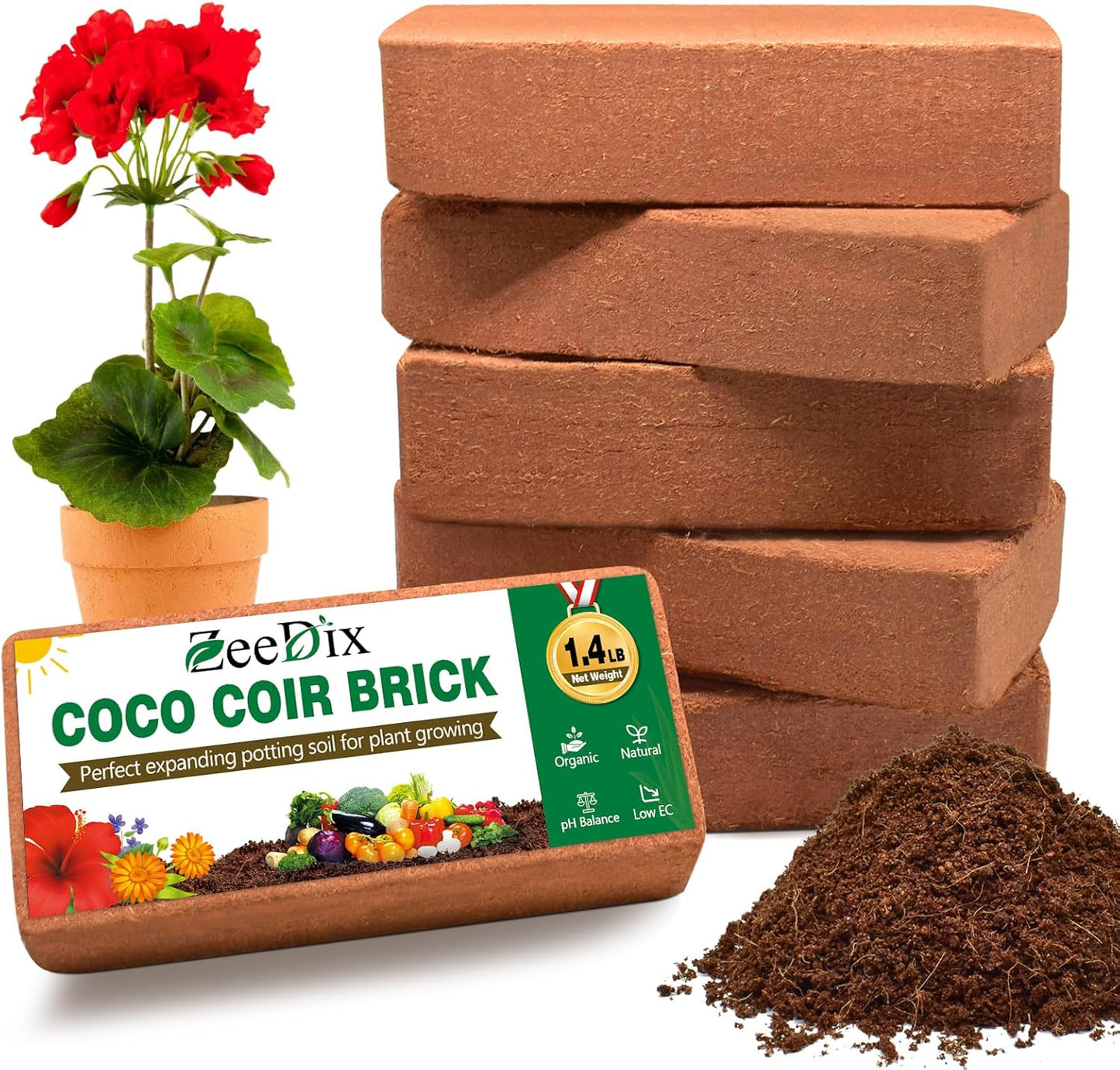 ZeeDix 6 Pcs Coco Coir Brick for Plants, 100% Organic Coconut Coir Bricks with Low EC and pH Balance, Compressed Coconut Husk Bricks for Gardening, Planting, Organic Potting Soil, High Water Retention - Pet Explorer