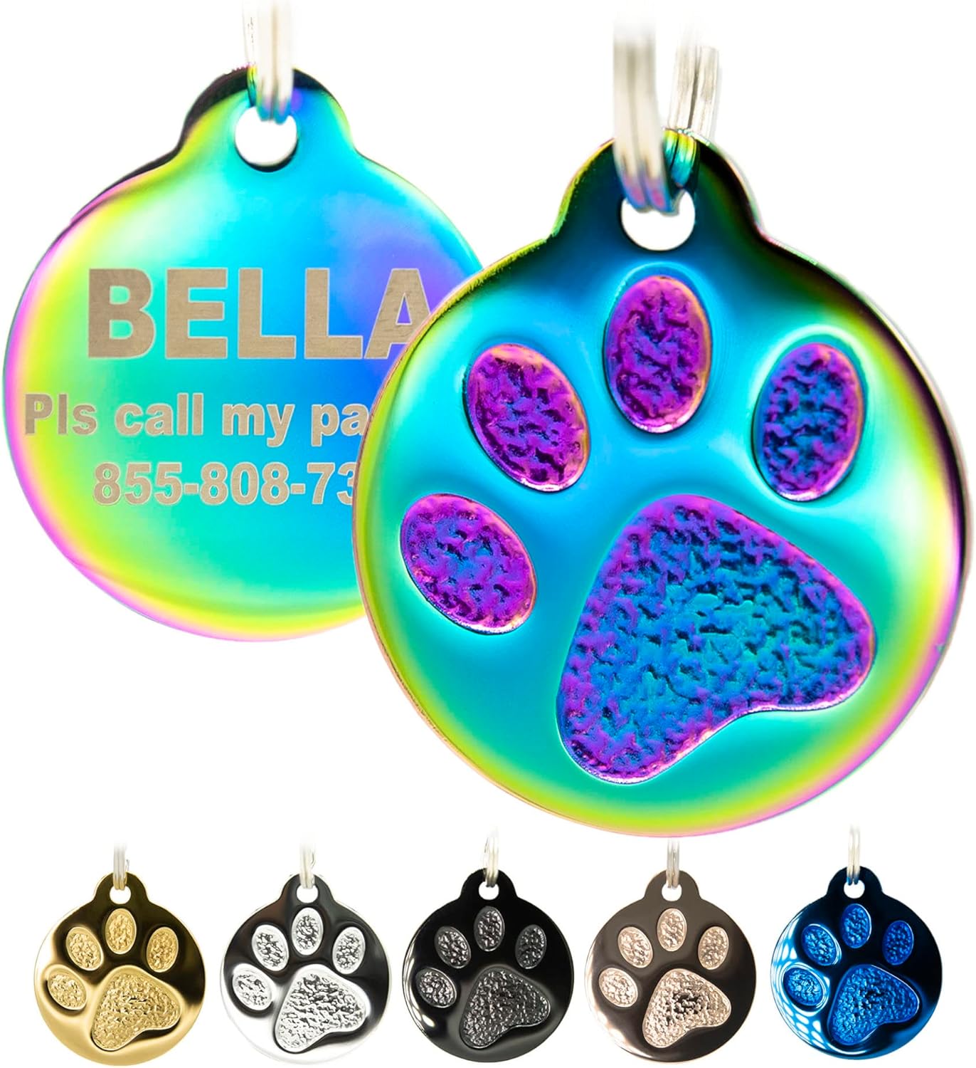 Engraved Pet Tag for Dogs and Cats - Personalized Front & Back up to 4 Lines of Text Custom Engraved ID, Round Paw Print Solid Plating Stainless Steel Nebula Regular - Pet Explorer