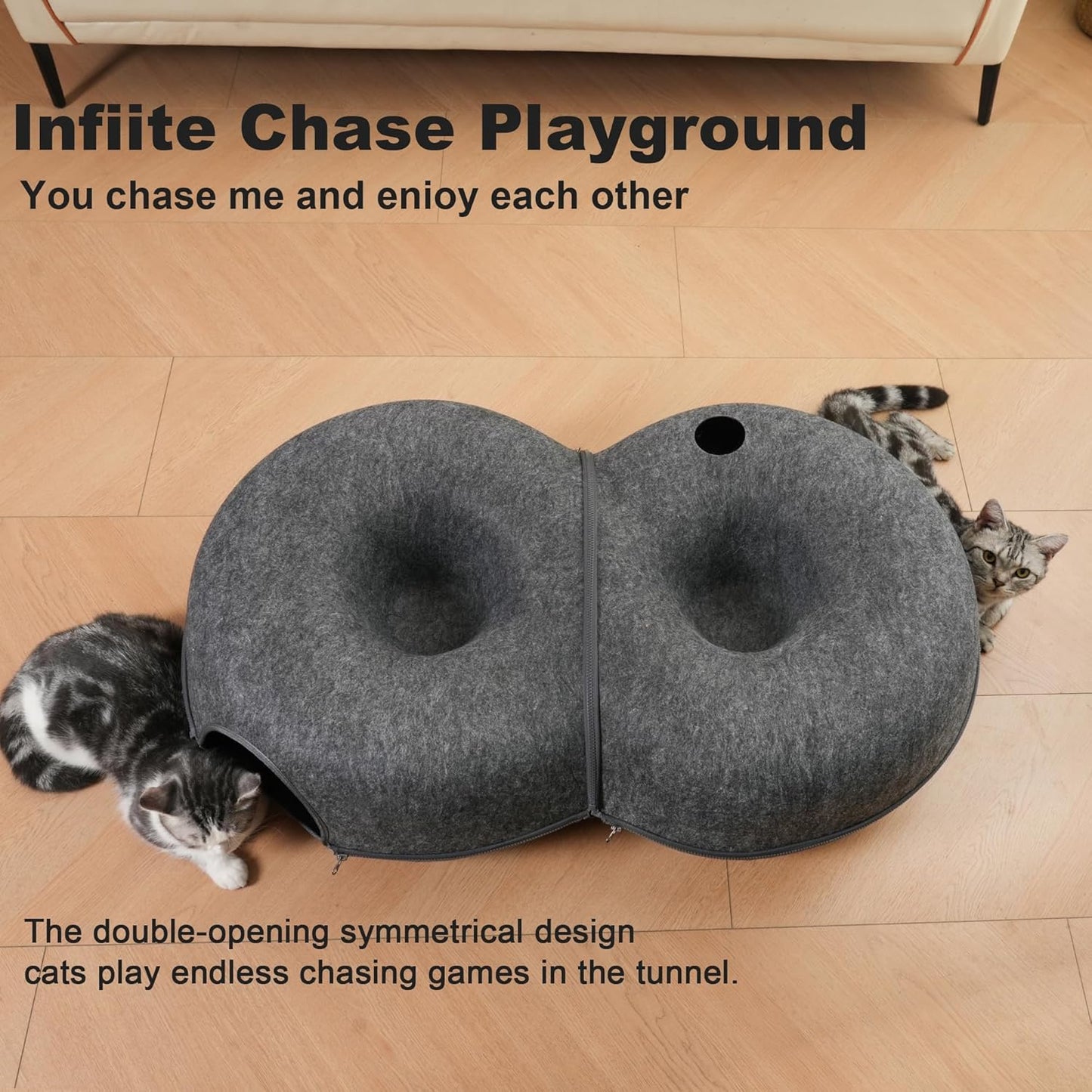 8-Shaped Large Cat Tunnel Bed for Indoor Cats, Infinite Circulation Peekaboo Cat Cave with 12 Toy Balls, Cat Donut Tunnel for Cats up to 30 Pounds (Dark Grey, L 38x24x11in) - Pet Explorer