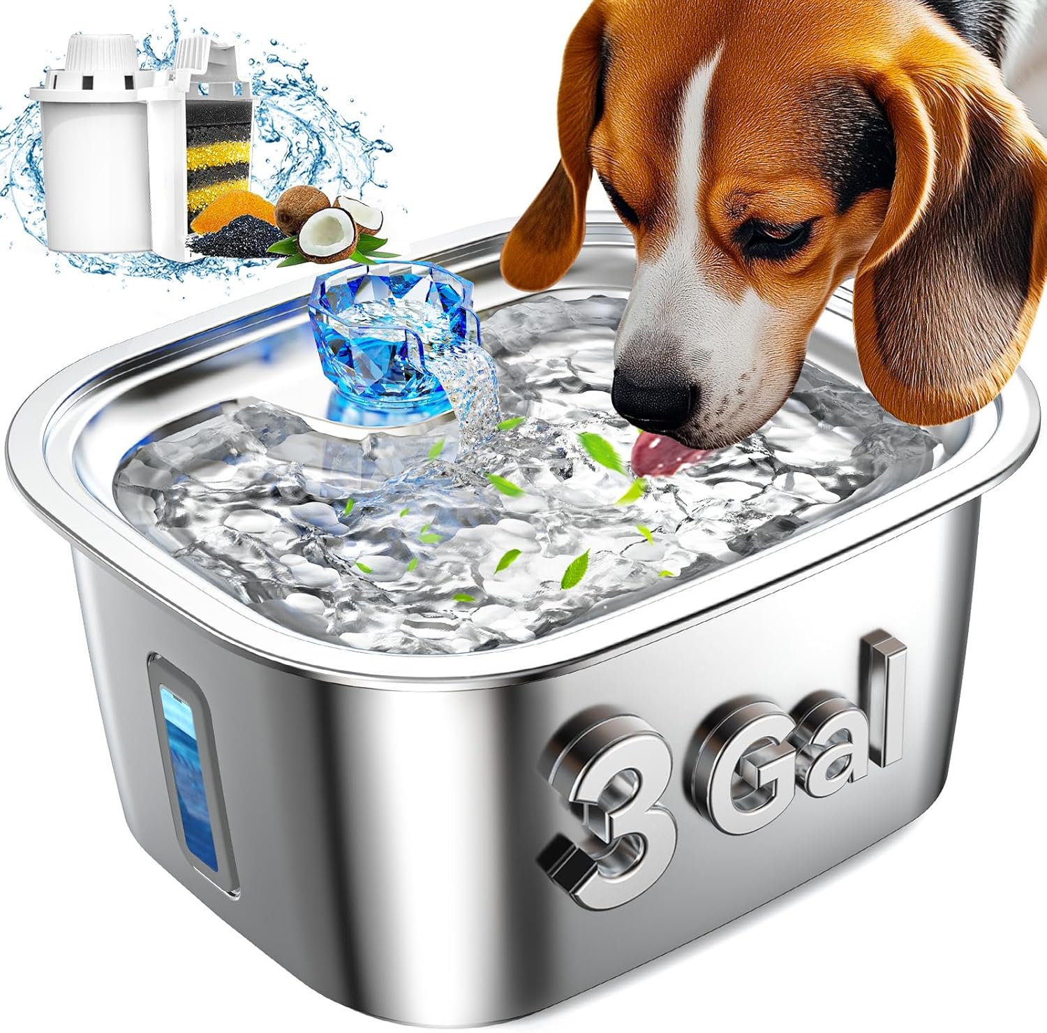Dog Water Fountain for Large Dogs Stainless Steel, 3Gal Extra Large Dog Water Bowl Dispenser with 2 Filters & Visual Window, Automatic Filtered Pet Fountain Indoor, Quiet Safe Pump with LED Indicator - Pet Explorer