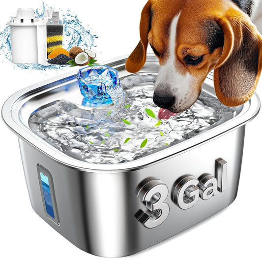 Dog Water Fountain for Large Dogs Stainless Steel, 3Gal Extra Large Dog Water Bowl Dispenser with 2 Filters & Visual Window, Automatic Filtered Pet Fountain Indoor, Quiet Safe Pump with LED Indicator - Pet Explorer