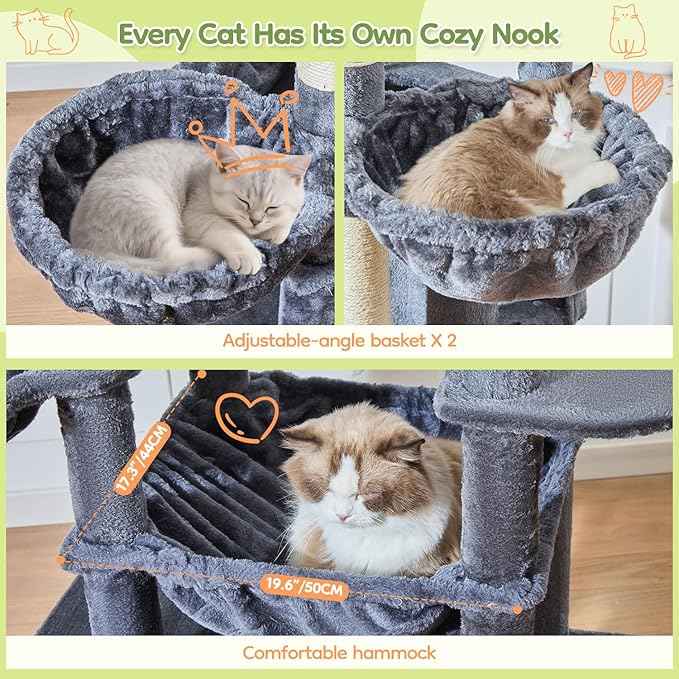 Taoqimiao 72 Inch Cat Tree, XXL Cat Tower for Indoor Cats Large Adult 25Lbs+, Extra-Large Platform, 2 Cat Houses, 7 Scratching Post, Extra-Sized Durable Hammock, Cozy Basket, Smoky Gray, F20G