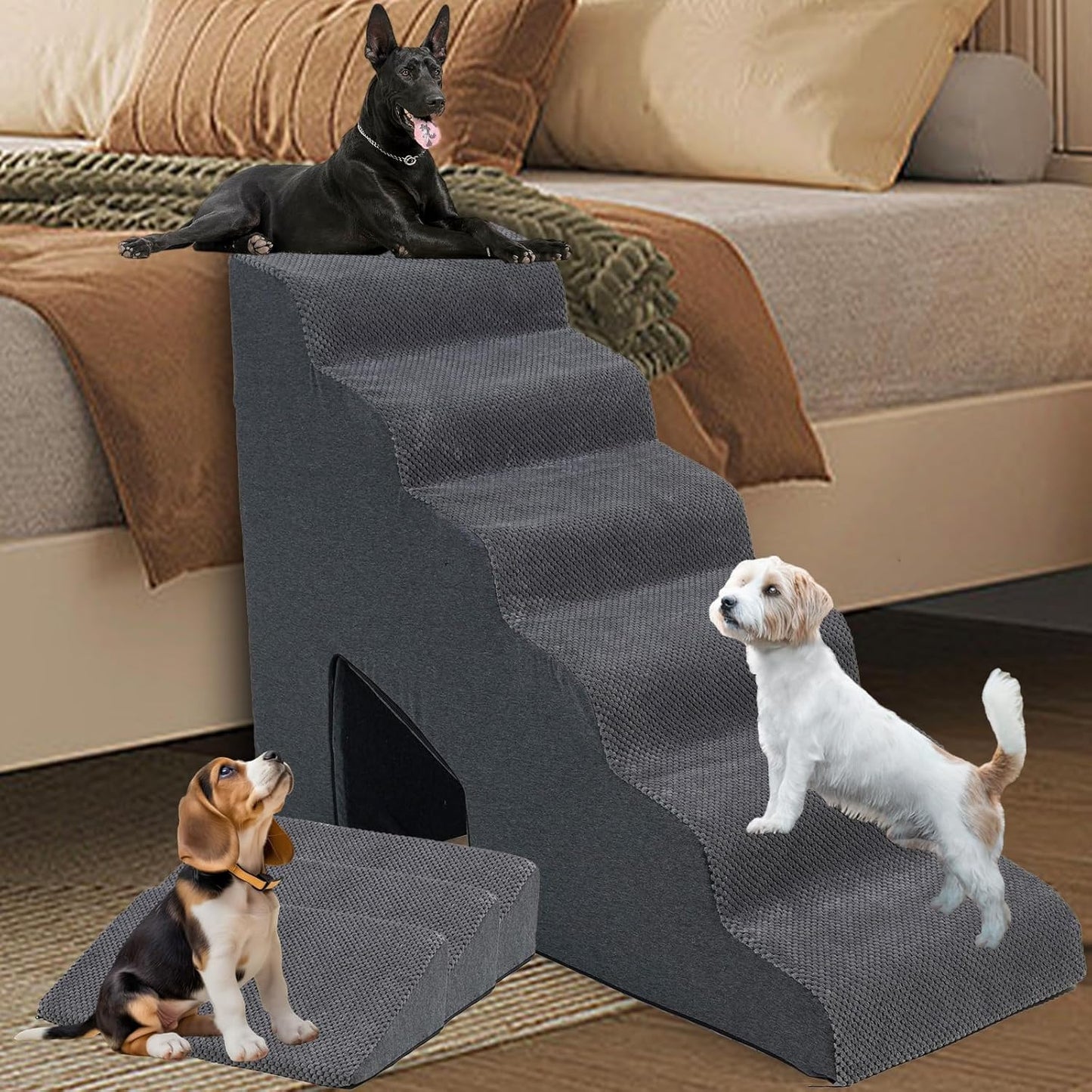 Dog Stairs & Steps Ramps for High Beds 30 inches High Tall, LitaiL 6 Step Pet Stairs Steps for Small Large Dogs, Non-Slip Dog Ramps with 3 Pack Ramps for Staircase - Pet Explorer