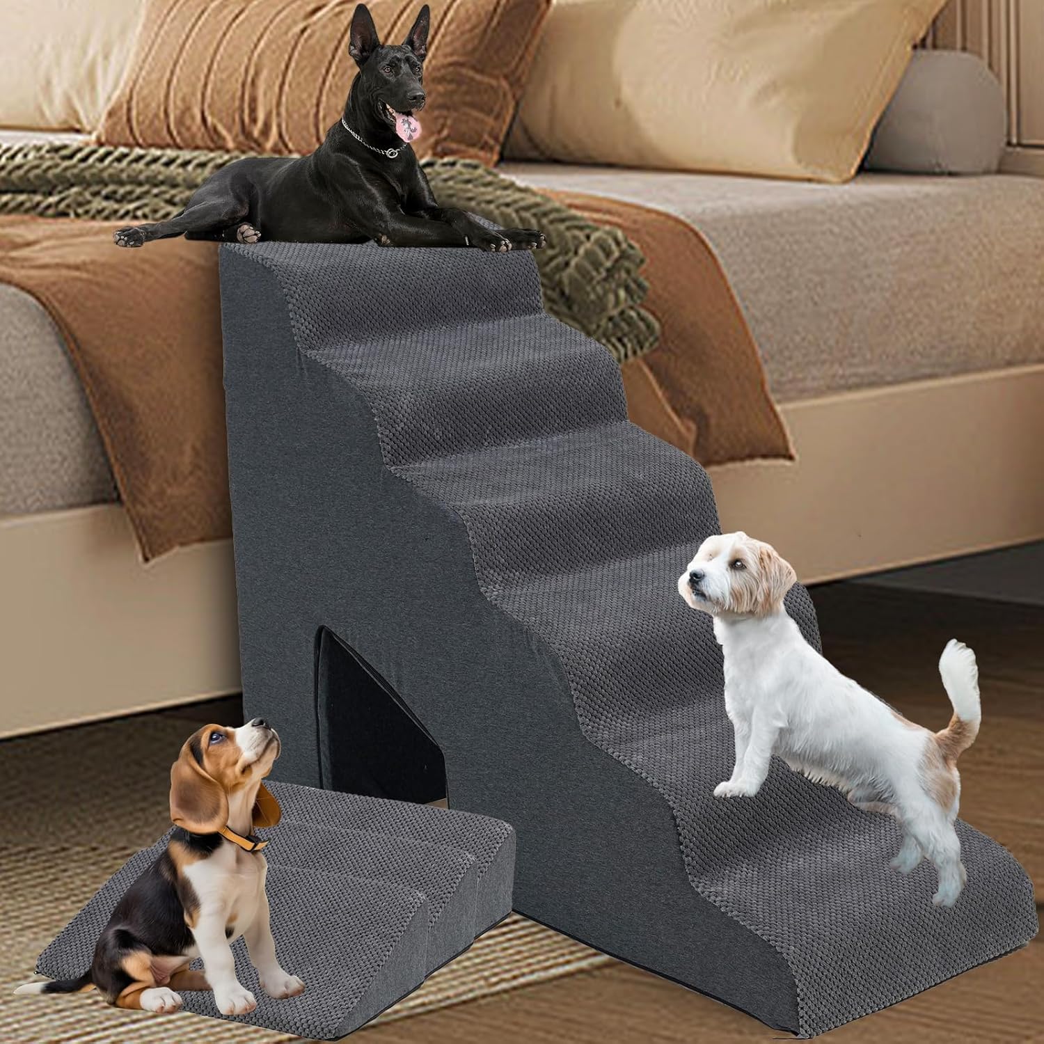 Dog Stairs & Steps Ramps for High Beds 30 inches High Tall, LitaiL 6 Step Pet Stairs Steps for Small Large Dogs, Non-Slip Dog Ramps with 3 Pack Ramps for Staircase - Pet Explorer