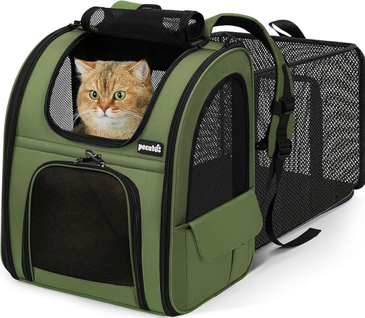 Pecute Expandable Cat Backpack Carrier, Backpack for Cats & Small Dogs Up to 11lbs, with 4-Side Breathable Mesh, Multi-Entry & Lockable Zippers for Travel, Hiking, Camping - Hands Free, Green