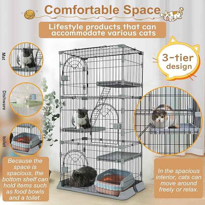 Cat Cage 3-Tier Indoor Cat Enclosure with Widen Bottom Buckle & Reinforced Locking Clamps DlY Cat Playpen for 2-3 Cats & Small Pets,30" Lx 20" W X 52.5" H (Grey, Three-Tier52.5")