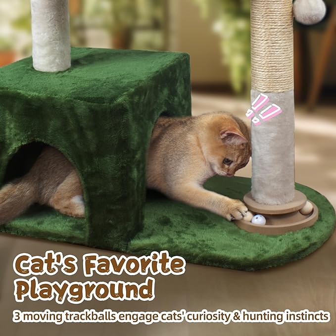 Cat Tree 38" Cat Tower with Large Hammock Metal, Cat Scratching Post for Indoor Cats with Condo, Cat Playground Track Balls and Bouncy Ball, Green and White