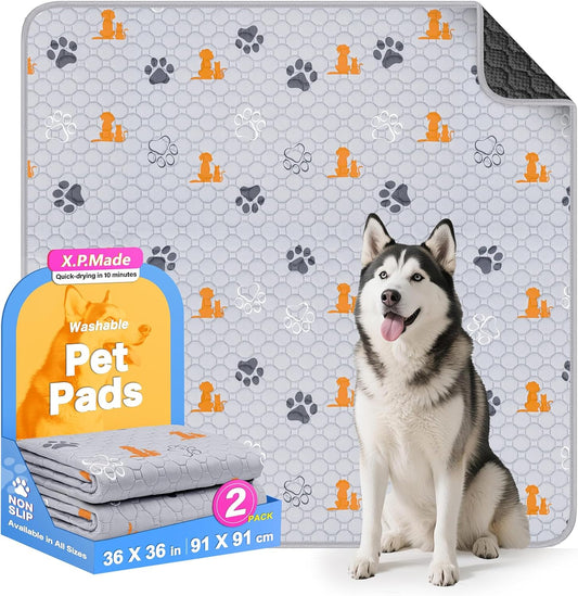 Washable Pee Pads for Dogs, 2 Pack Reusable Puppy Pads, Waterproof Pet Pee Pads for Dog Potty Training, Extra Large Dog Pee Pads for Crate, Playpen, and Whelping, Orange 36"x36" - Pet Explorer