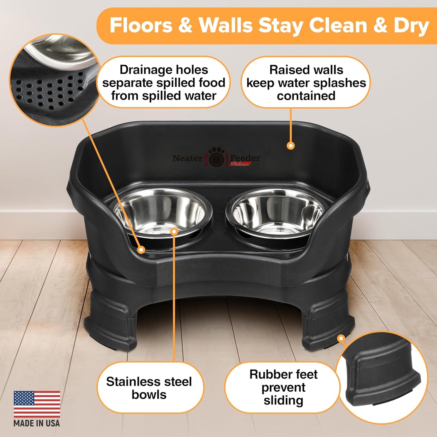 Neater Feeder Deluxe Mess Proof Cat Bowls Elevated for All Breeds – Made in USA – No Spill Raised Cat Bowls for Indoor Cats w/Leg Extensions – Stainless Steel Cat Food and Water Bowl Set - Black - Pet Explorer