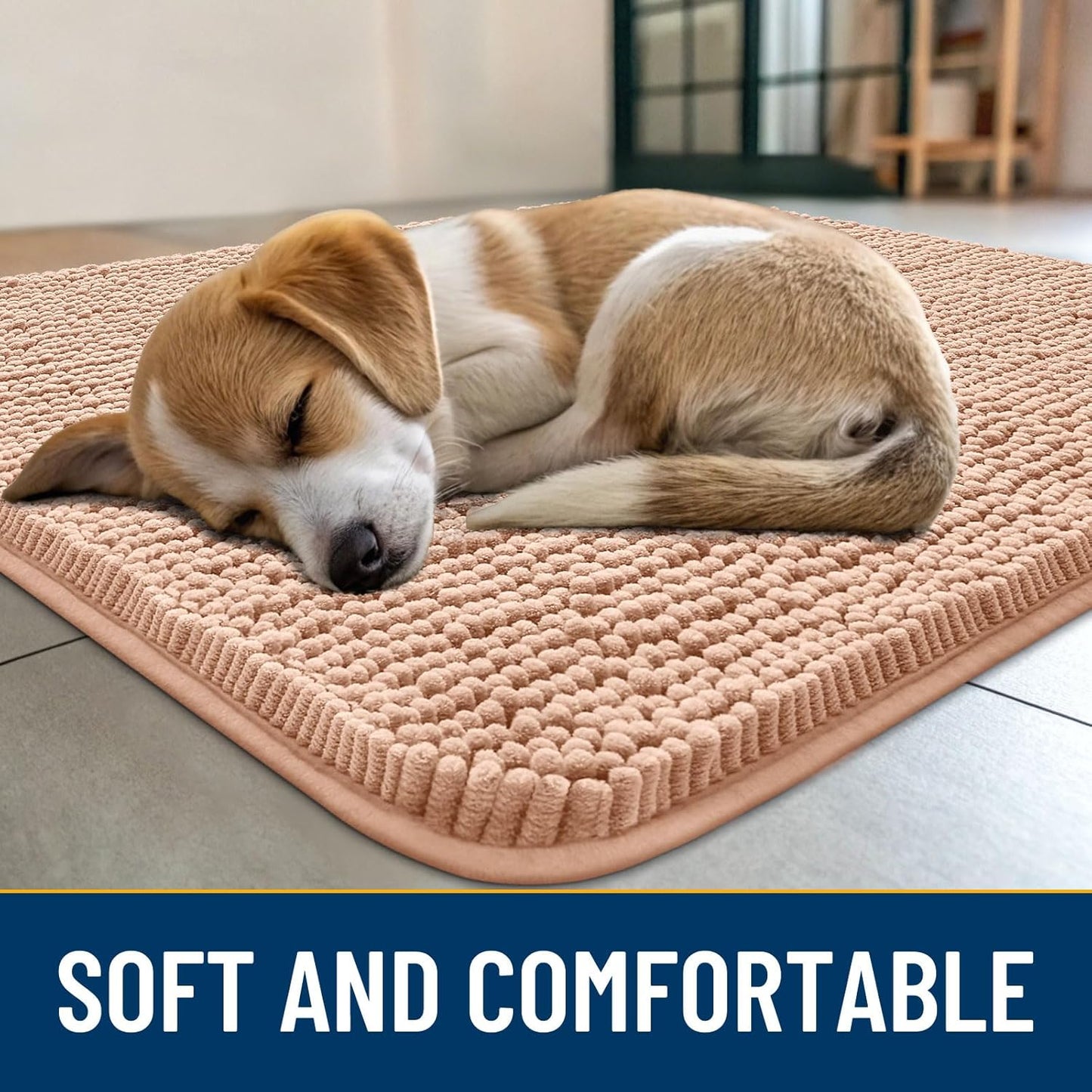 Smiry Dog Door Mat for Muddy Paws 48x30, Absorbs Moisture and Dirt Doormat, Non-Slip Washable Quick Dry Chenille Front Door Mat Indoor Entrance, Entryway Carpet for Inside Floor, Peach