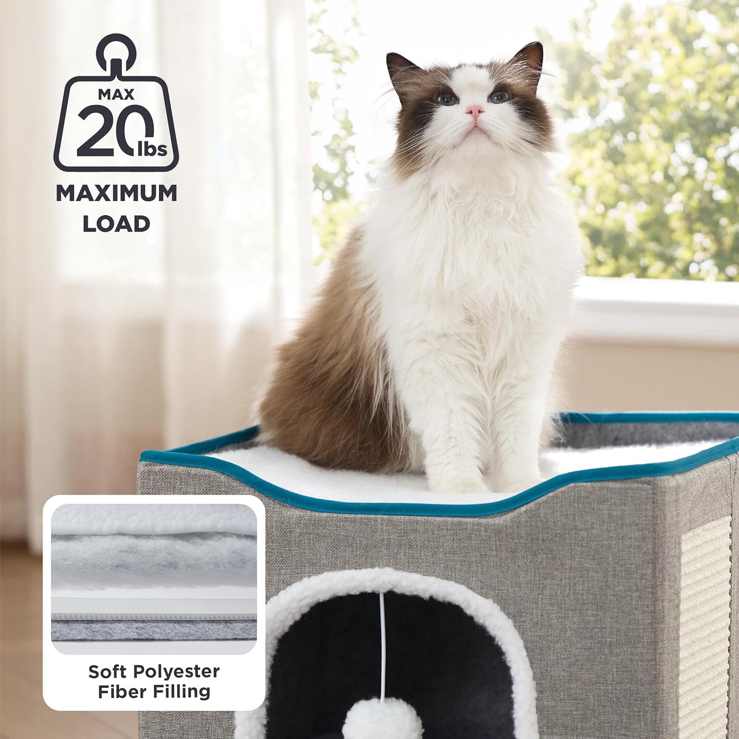 Bedsure Cat Beds for Indoor Cats - Large Cat Cave for Pet Cat House with Fluffy Ball Hanging and Scratch Pad, Foldable Cat Hideaway, 16.5x16.5x13 inches, Grey - Pet Explorer