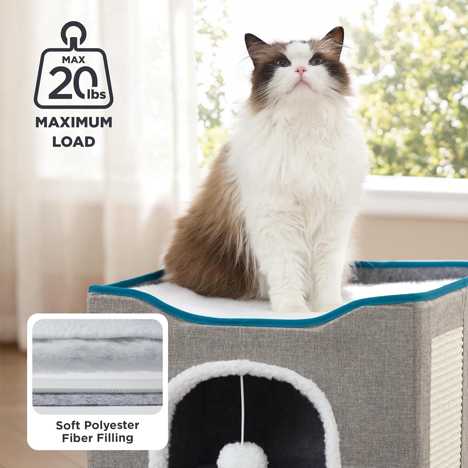 Bedsure Cat Beds for Indoor Cats - Large Cat Cave for Pet Cat House with Fluffy Ball Hanging and Scratch Pad, Foldable Cat Hideaway, 16.5x16.5x13 inches, Grey - Pet Explorer