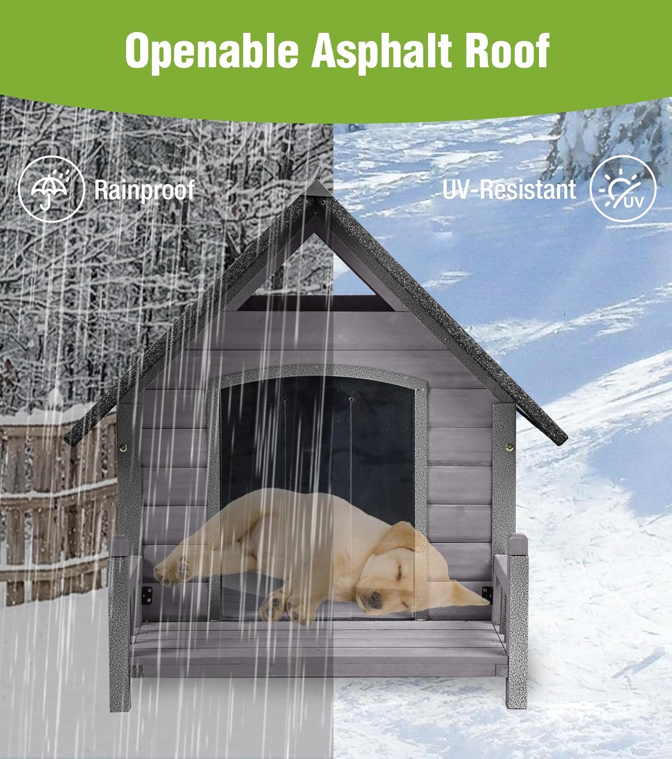 GUTINNEEN Insulated Dog House Outdoor, Waterproof Dog Kennel with Anti-Bite Design, Asphalt Roof, Elevated Base, PVC Curtain, for Small to Medium Dogs - Grey - Pet Explorer