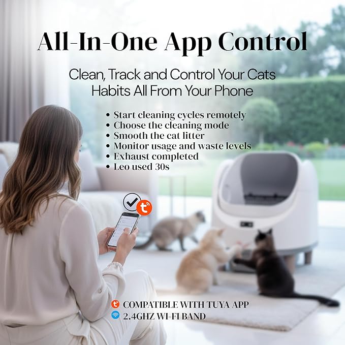 Open-Top Automatic Litter Box, New White Design with App Control & Fragrance Dispenser for a Fresh Home - 68L Self Cleaning Cat Litter Box for Multiple Cats