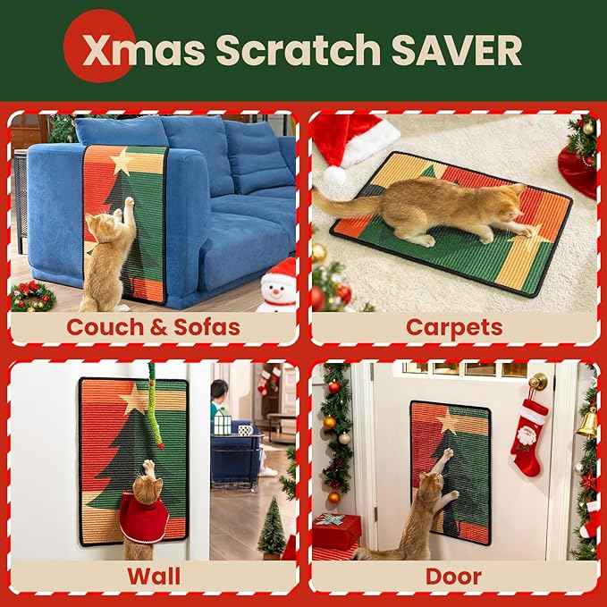 Cat Scratcher Mat,Sisal Cat Scratch Pad,Horizontal Floor Cat Scratching Pads Rug for Indoor Cats,Protector for Wall&Carpets&Sofas,Kitty Xmas-Gift, Includes Cat Toy (M, Christmas)
