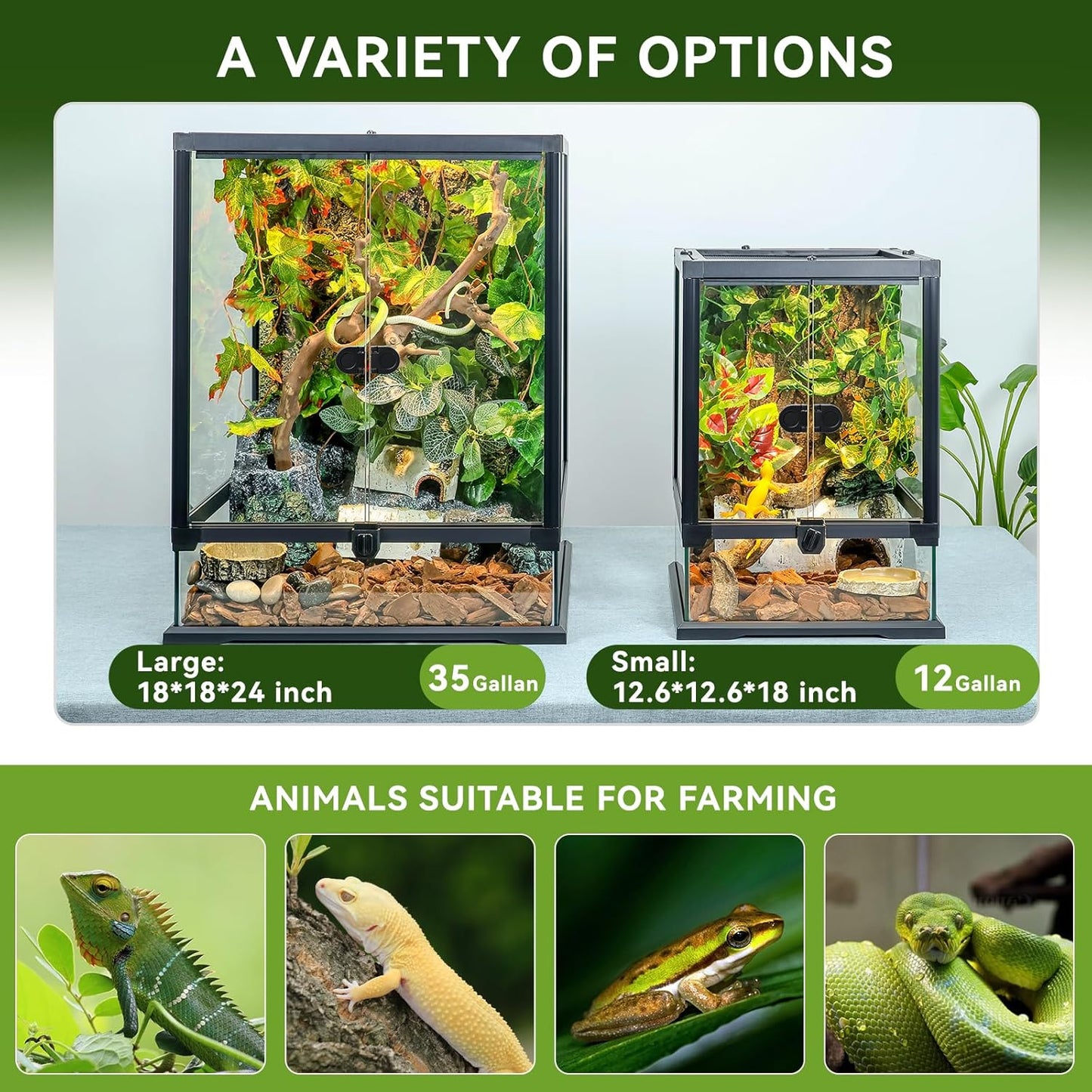 24x18x18'' 35 Gallon Glass Reptile Tank Front Opening Terrarium Suitable for Leopard Geckos, Snakes, Tree Frogs, Chameleons,Watertight Base, Ventilated Metal Mesh Top, Pre-Drilled Cable Holes - Pet Explorer
