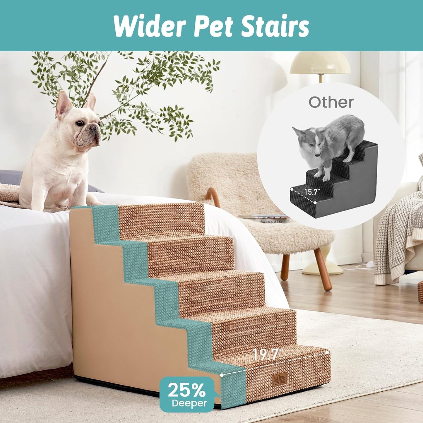 Dog Stairs for Small Dogs, 5 Tier Removable Wider Pet Stairs for Couch and Bed, 23.6" H Non-Slip Dog Steps for Puppies and Old Cats with Support Board, 29.5x19.7x23.6 inch, Light Brown - Pet Explorer