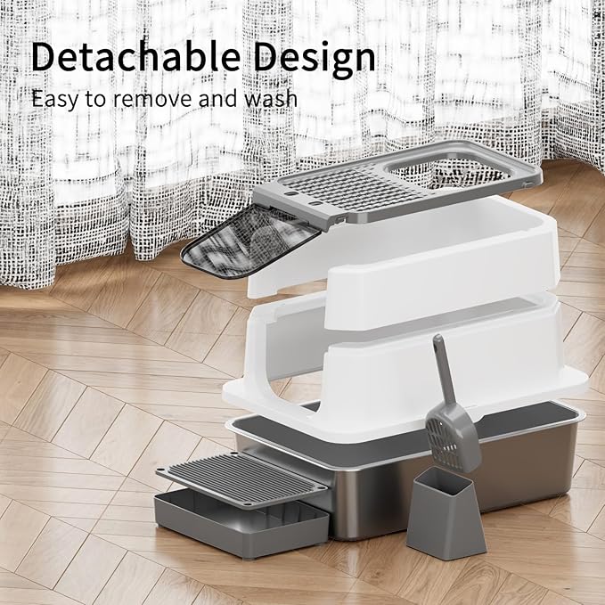 RIZZARI Large Cat Litter Box: Dark Gray Semi-Enclosed Stainless Steel Litter Box with Raised Edges - Anti-Leakage Odorless - Litter Pan for Small to Large Sized Cats in Bedroom Living Room